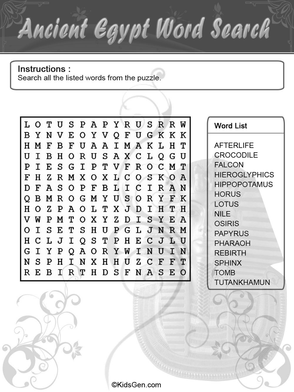 Ancient Egypt Black & White Word Search puzzle template