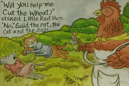 The hen asked for help to cut the wheat