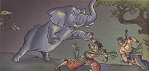 Krishna and Balarama fighting with elephant Kuvalayapeeda