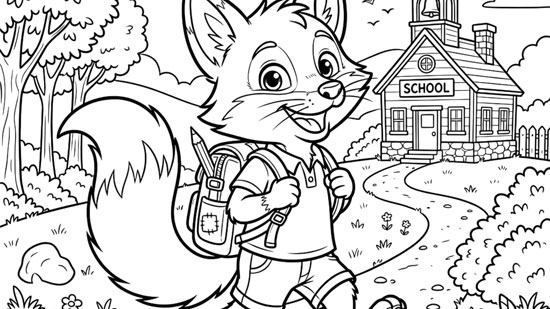 Black and white line art of a cheerful fox cub with a backpack walking toward a schoolhouse, back to school image to color