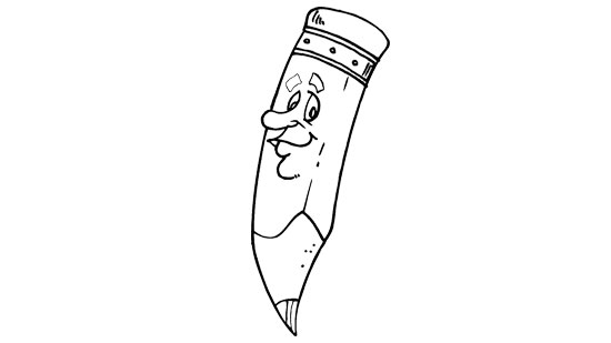 A black and white back to school coloring image featuring a friendly, smiling cartoon pencil character