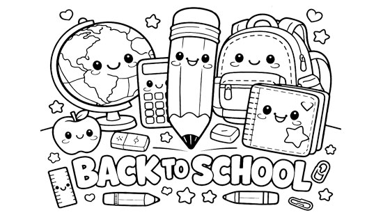Back to school coloring page with cute kawaii school supplies including globe, pencil, calculator and backpack