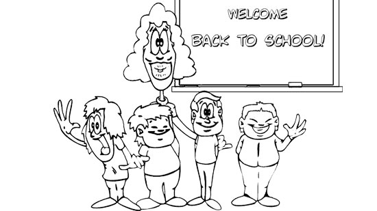 Classroom scene coloring images with teacher and students – fun back to school images to color