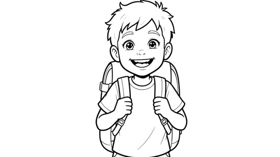 A cheerful young boy wearing a backpack, ready for back to school; a clean line art coloring image for kids
