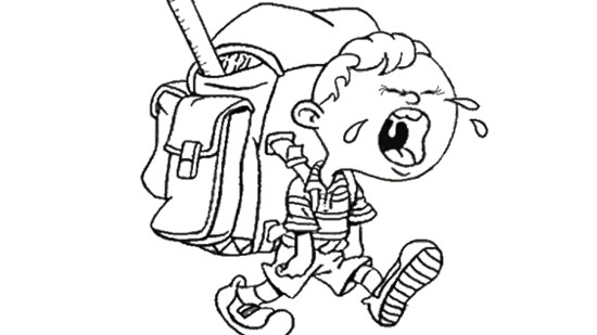 Back to school coloring page featuring a distressed child carrying a heavy school bag with a ruler