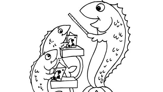 Line art for a fish-themed back to school scene suitable as a coloring image