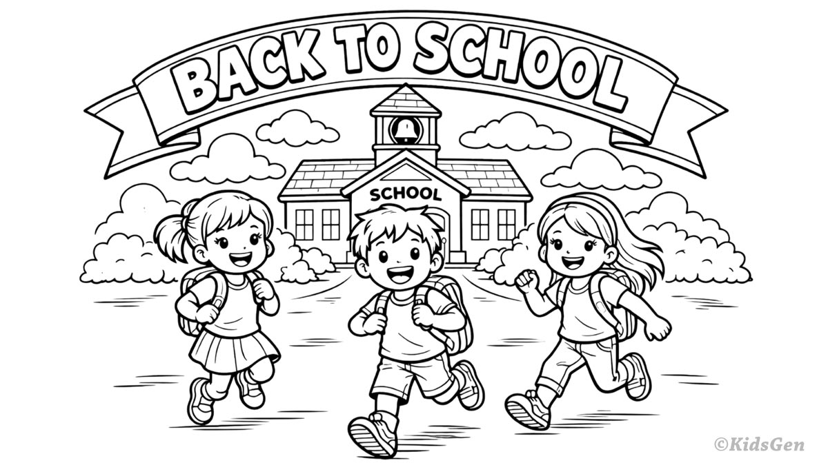 Happy kids going to school coloring images – creative images to color for back to school