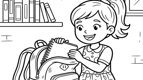 Free printable illustration of a happy student organizing school supplies into a bag, perfect as a back to school coloring page image