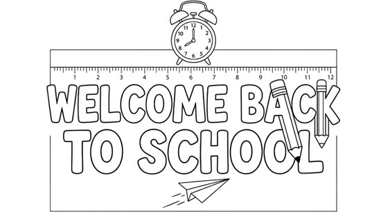 Printable "Welcome Back to School" coloring page image featuring a paper airplane and twin-bell alarm clock