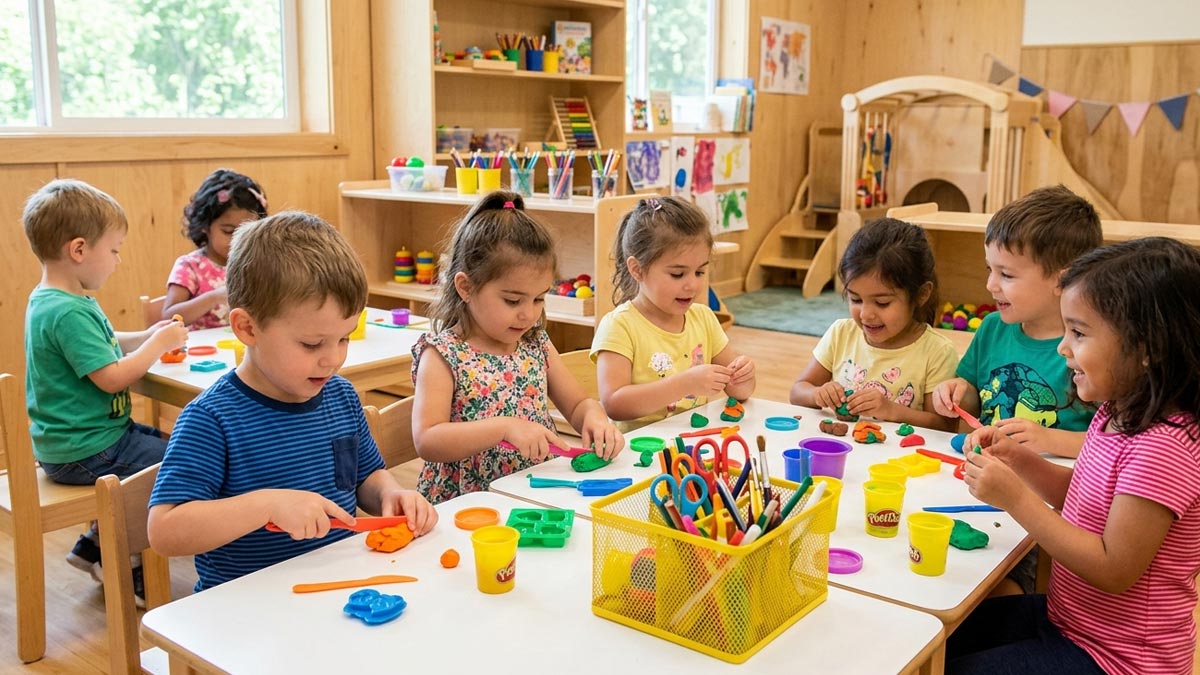 Kids creating back to school crafts together in a bright, wooden-panelled classroom.