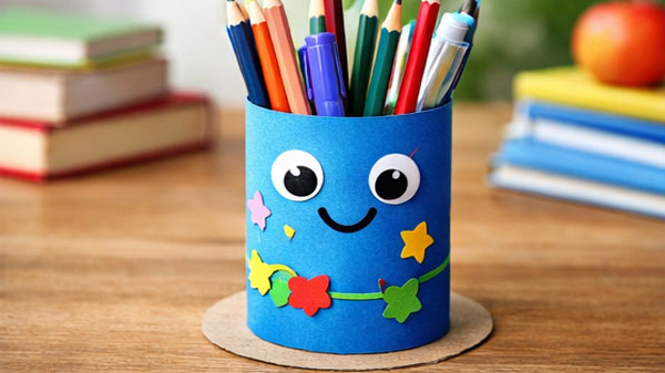 A blue handmade Pencil Holder decorated with a smiley face and stars, part of a Back to school craft project