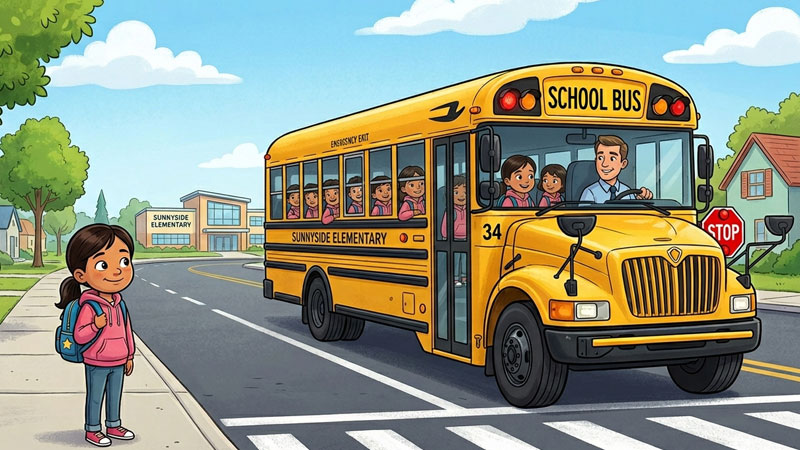 Back to school image featuring a student standing at a safe distance from the bus