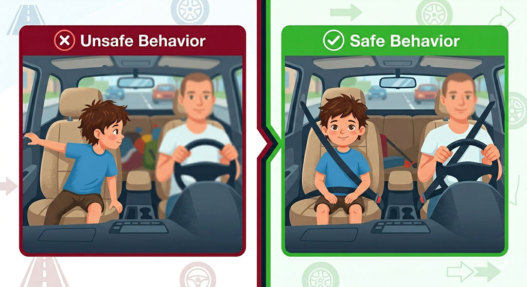 Back to school child sitting without seatbelt vs properly buckled safety comparison