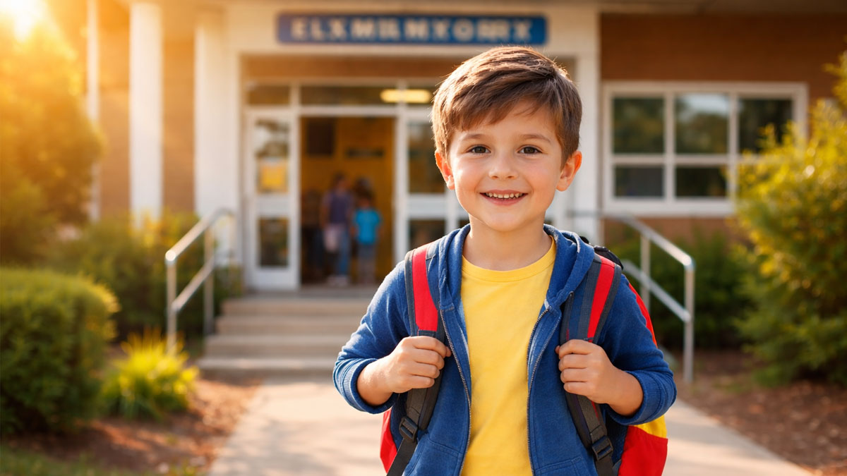 Back to school guide showing excited child with backpack on first day of school