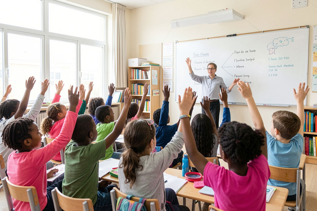 Back to school guide showing kids actively participating in classroom learning and raising hands