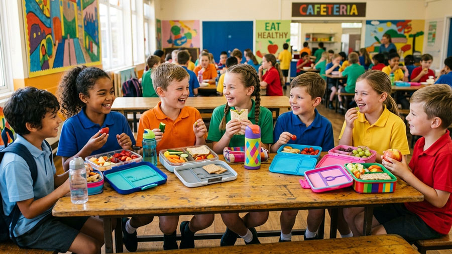 Kids enjoying healthy lunch in school cafeteria as part of back to school guide