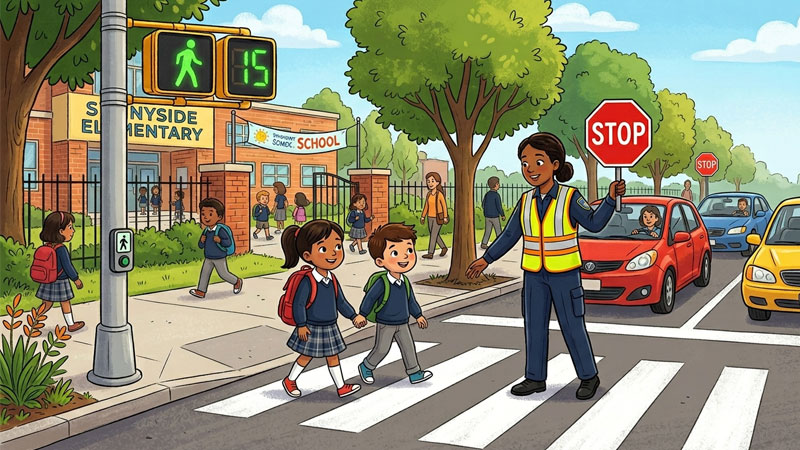 Back to school safe walking to school illustration showing children using crosswalk and signals