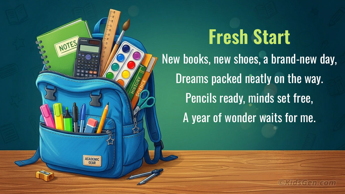 Digital illustration of back to school essentials including a calculator, paints, and notebooks with an inspiring poem.