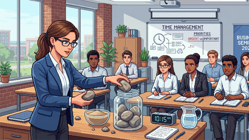 An illustration of a time management expert demonstrating the Big Rocks theory with a jar, sand, and water