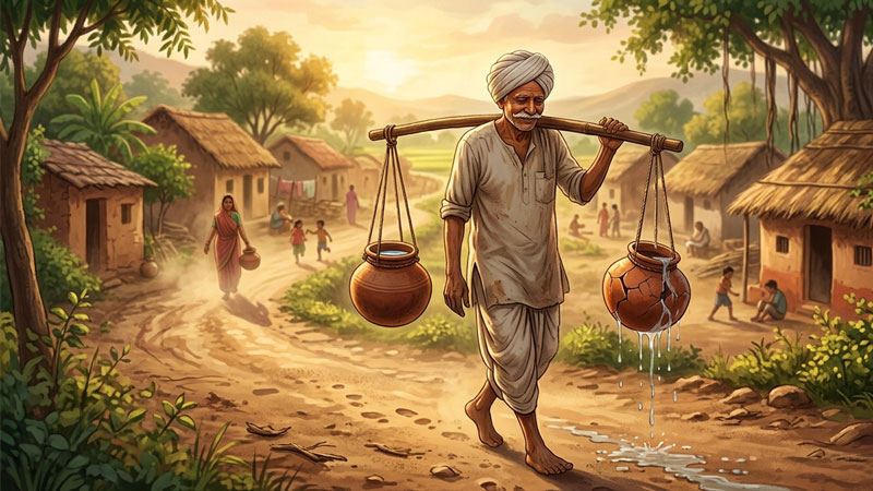Water Pot moral story illustration showing an Indian water bearer carrying two pots, one cracked and leaking