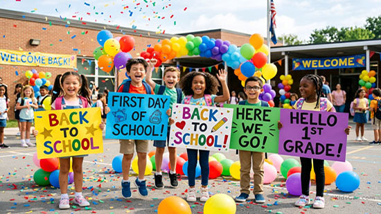 Colorful back to school celebration with children and decorations wallpaper