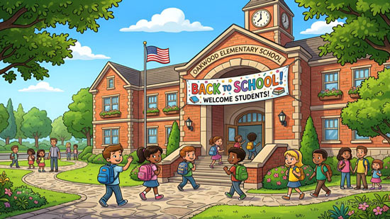 Fun cartoon illustration of students entering school building HD wallpaper