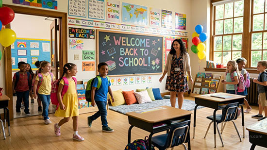 Bright classroom with teacher welcoming students back to school HD wallpaper