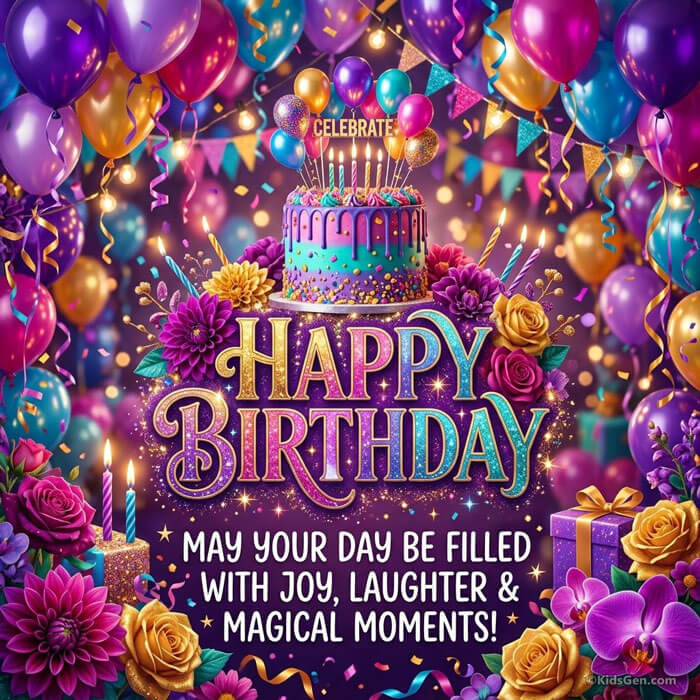 Square birthday card showing a marbled cake on a stand in front of a wall of orchids, roses and fairy lights, with the wish May your day be filled with joy, laughter and magical moments