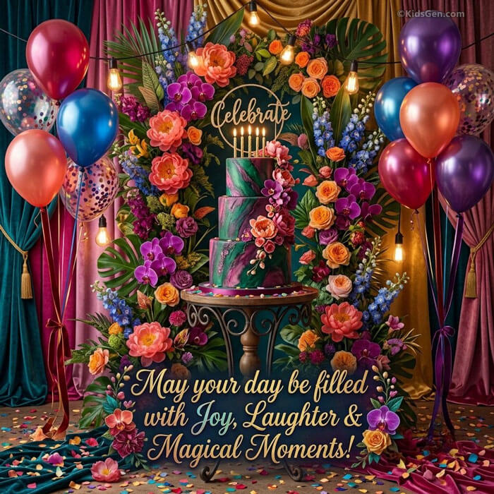 Square birthday card with glittering Happy Birthday lettering, a rainbow drip cake, purple and gold balloons and the wish May your day be filled with joy, laughter and magical moments