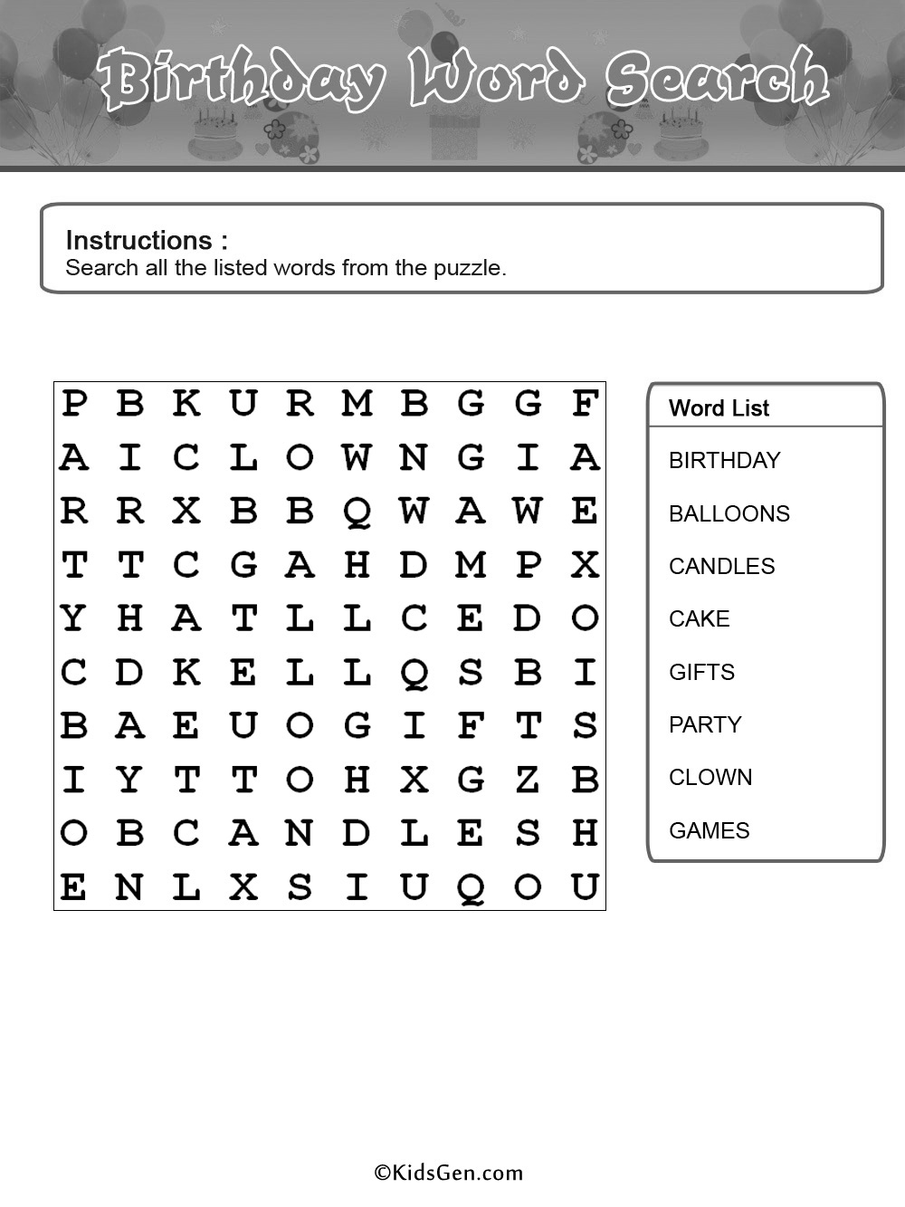 Black and White Word Search Puzzle