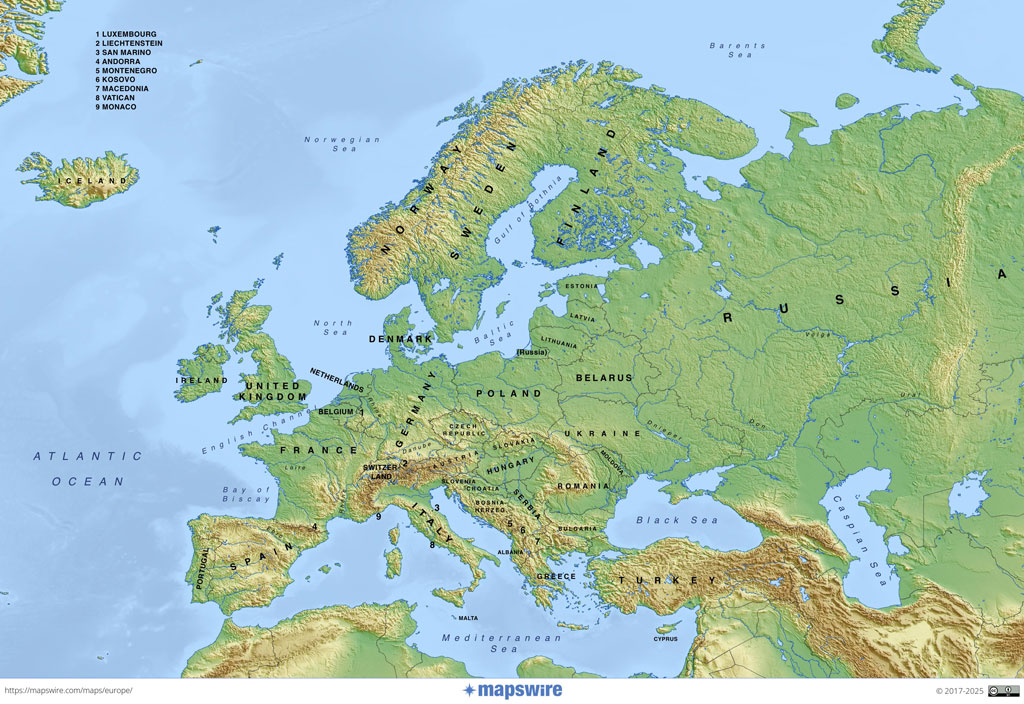 Topographical map of Europe with national boundaries and water bodies.