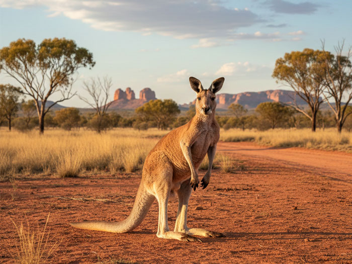 Kangaroo standing alert in a dry Australian landscape under a blue sky with scattered clouds.