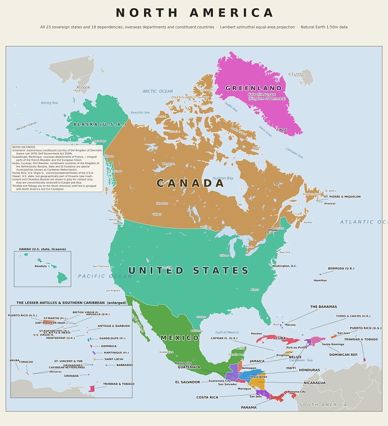 Satellite view of the North American continent showing its triangular shape, surrounding oceans, and Greenland.