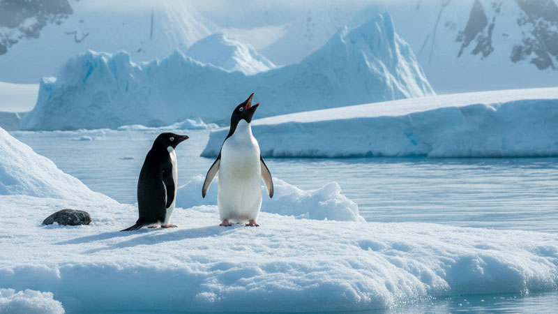 A pair of penguins on the Antarctic ice; one looking toward the horizon and the other looking upward.
