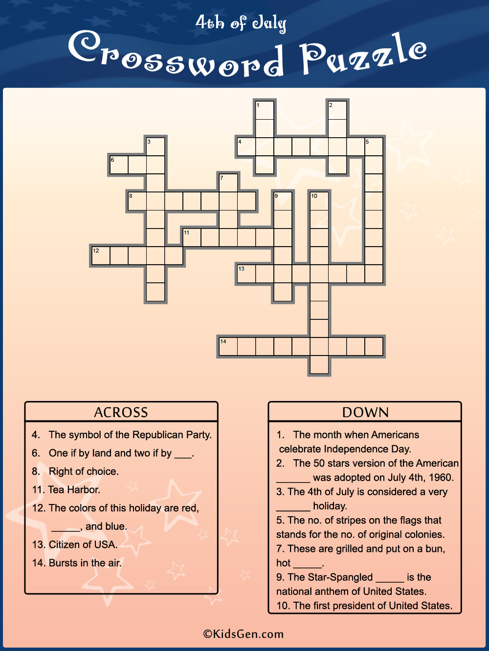 4th of July Colored Crossword template