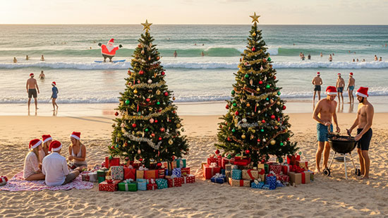 People celebrating Christmas on a sunny Australian beach.