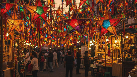 A nighttime scene in the Philippines with numerous traditional handmade Filipino parol lanterns hanging from a street or home, casting a warm, festive glow over the surroundings.