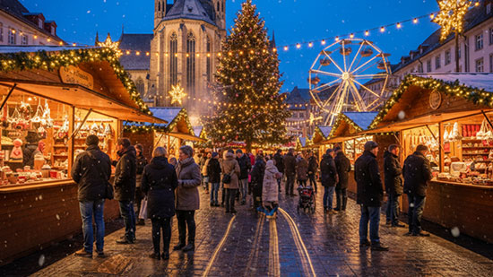 Traditional German Christmas market scene with a large, decorated Christmas tree, stalls selling seasonal items, and steam rising from food vendors