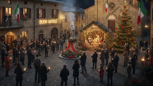 Italian Christmas celebration in a snowy village, flags, church, midnight mass.