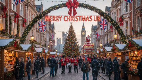 United Kingdom Christmas celebration street market with falling snow.