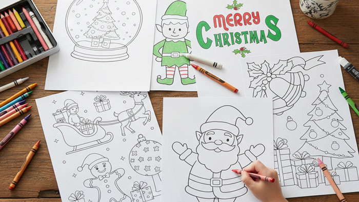 Christmas coloring pages and crayons on a wooden desk. Printable holiday activity sheet for kids featuring Santa, an elf, and a snow globe.