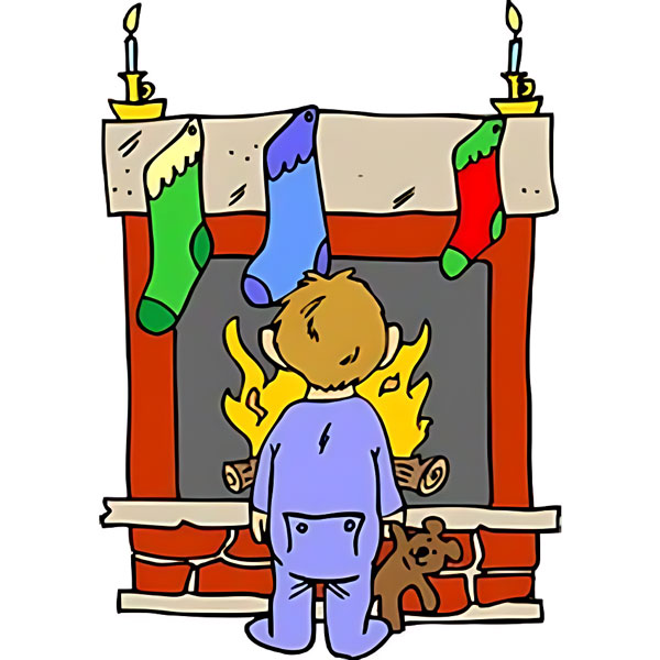 A sweet Christmas scene of a boy by the fireplace, a cozy image to color.