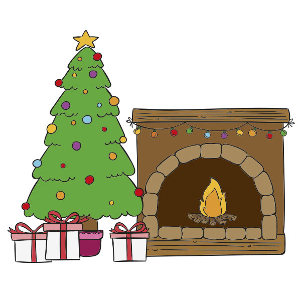 An image to color themed with Christmas tree and fireplace with presents