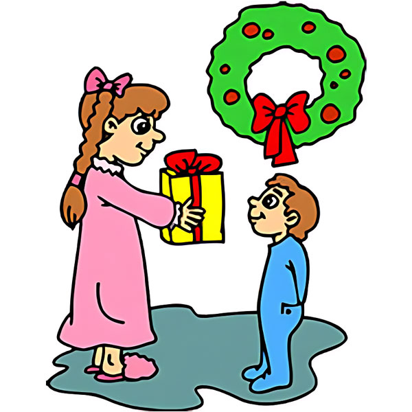 A heartwarming Christmas image of a girl giving a gift, ready to color.