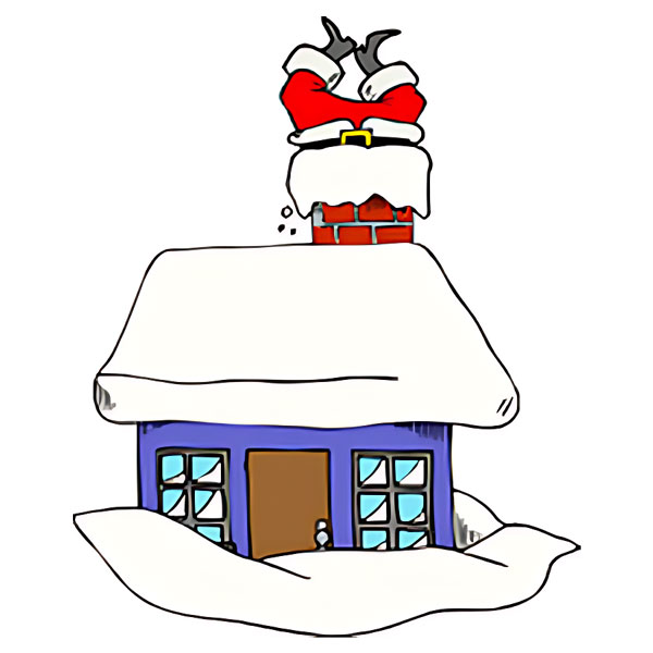 A humorous Christmas scene of Santa in a chimney, a fun image to color