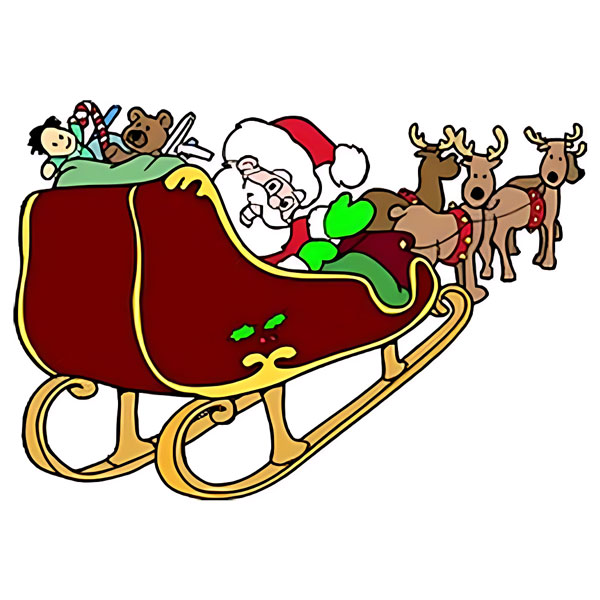 A classic Christmas scene of Santa in his sleigh with reindeer, a festive image to color