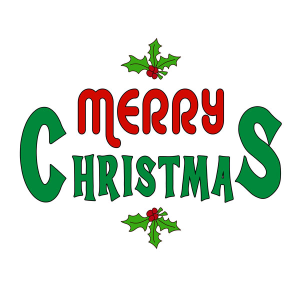 Merry Christmas text with holly accents, ready as an image to color
