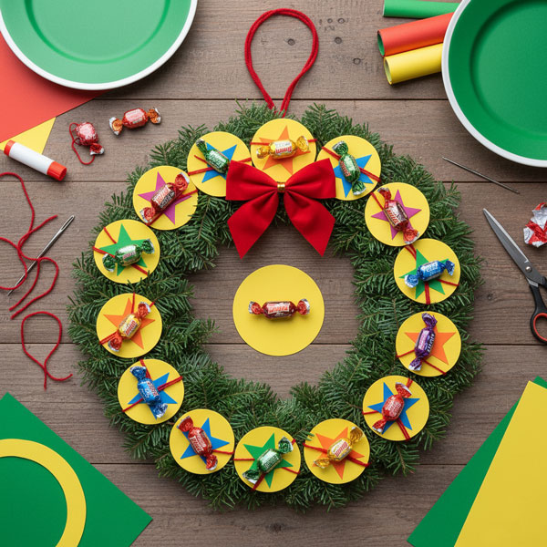 A completed homemade Candy Wreath made from spruce, decorated with yellow paper circles, colorful wrapped candies tied with red yarn, and a large red bow.