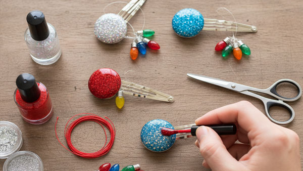 A craft setting showing the creation of Christmas-themed hair clips.