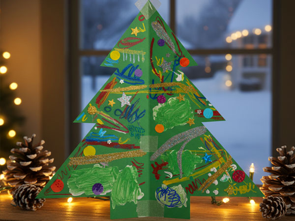 DIY paper Christmas tree decoration on a windowsill with pinecones and fairy lights.